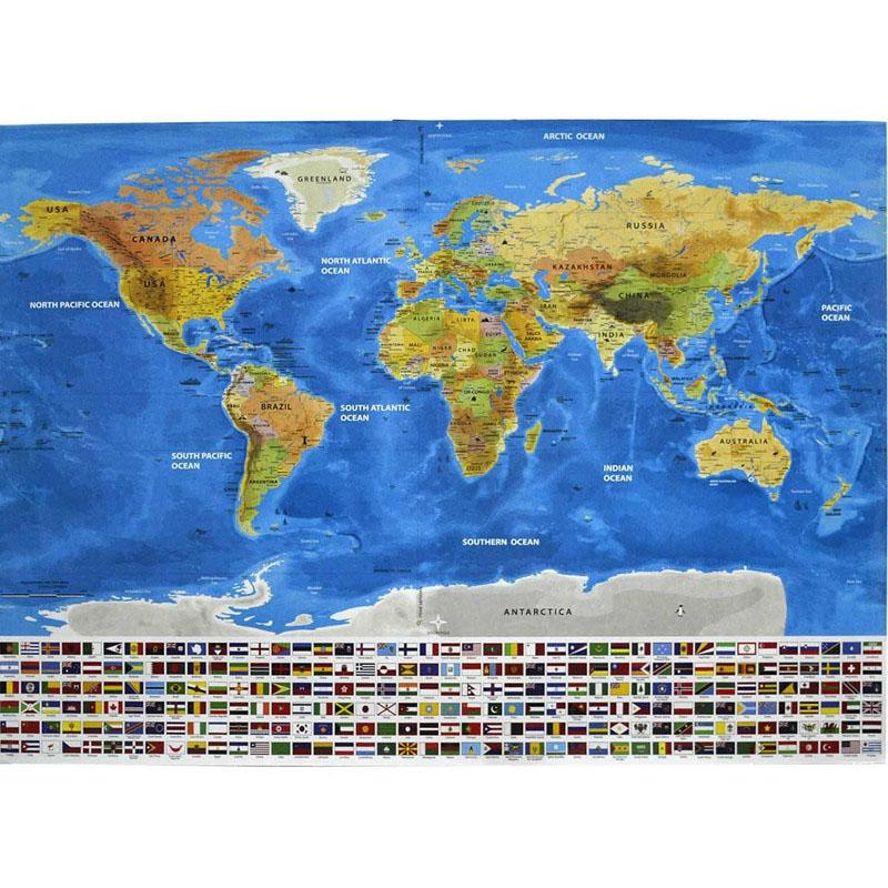 Carte du monde à gratter dorée et noire avec drapeaux en fond +